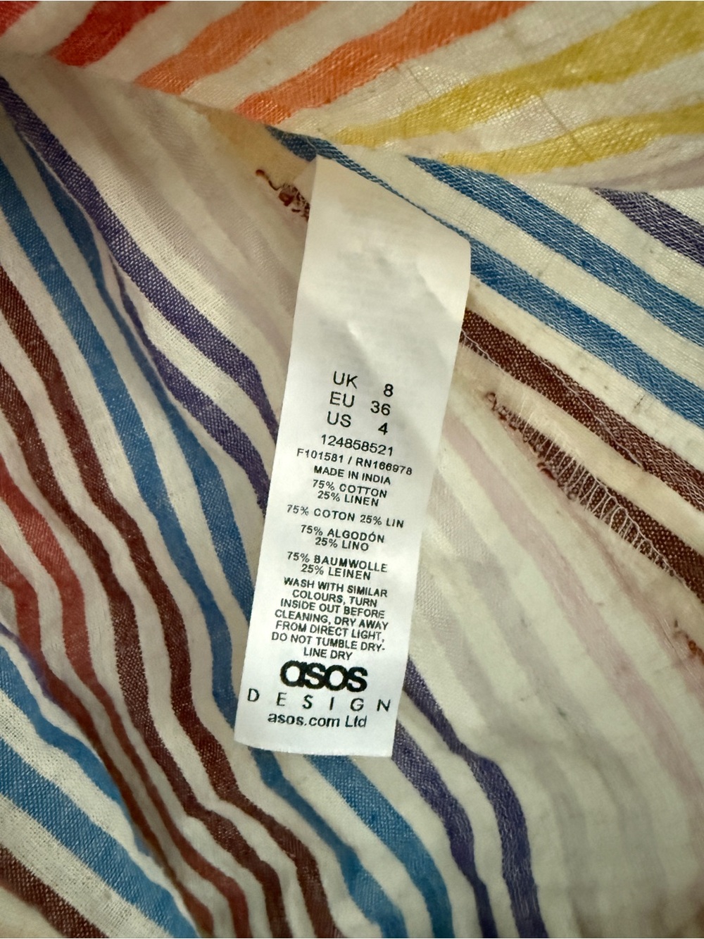 ASOS DESIGN Rainbow Stripe Smocked Linen Blend Romper - Picture 5 of 5